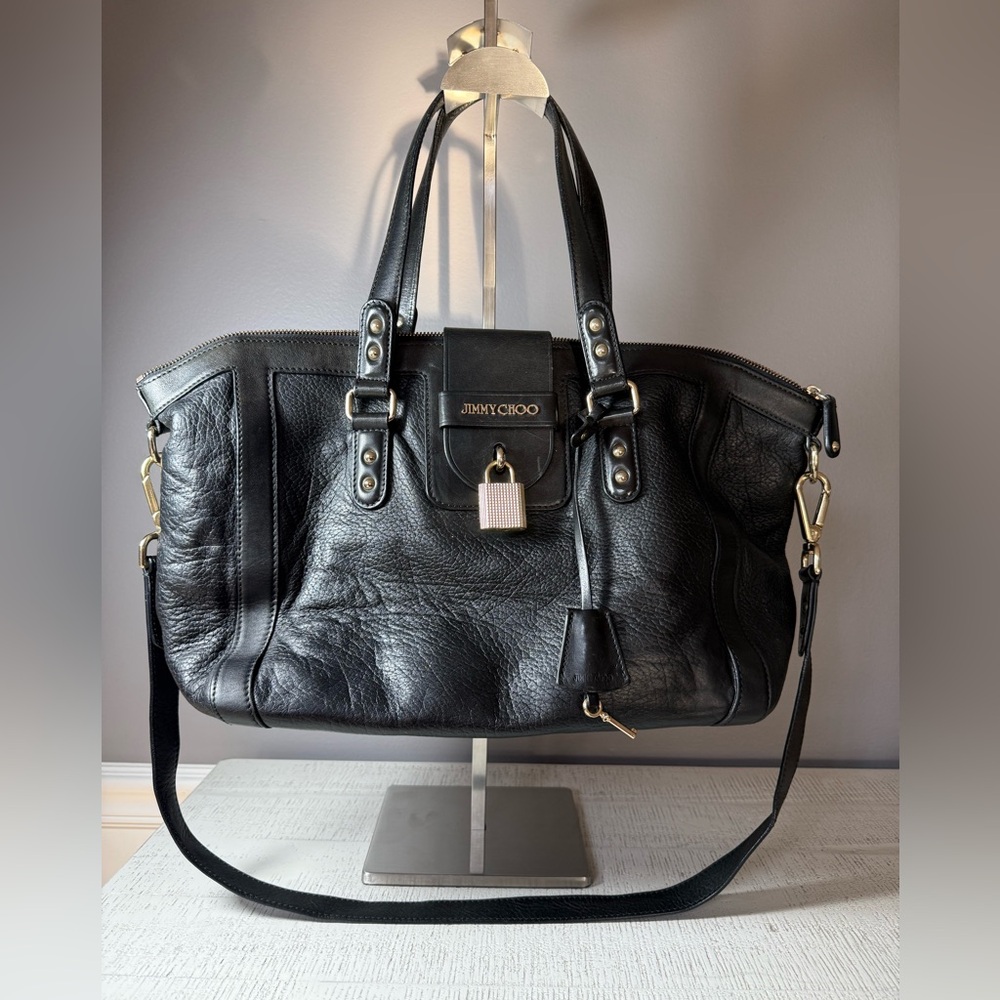 EUC Jimmy Choo Black Leather Handbag with Gold Accents w!COA